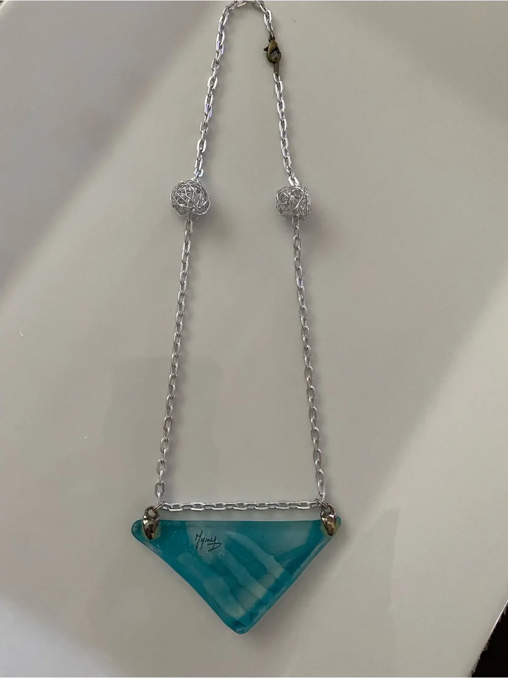 Handmade Turquoise Triangle Pendant Signed Necklace